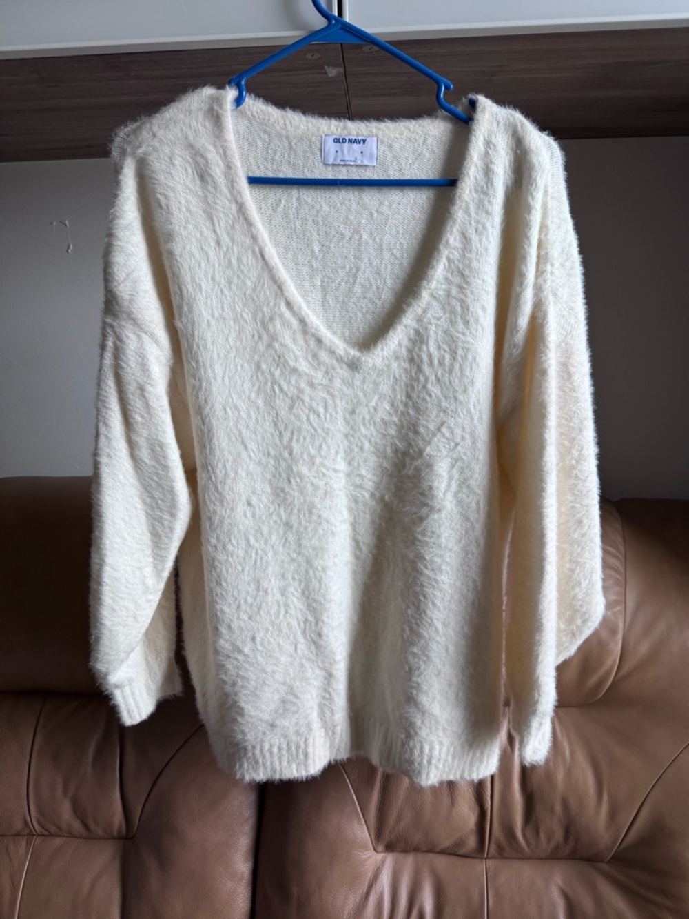 Old Navy Cream V-Neck Fuzzy Knit Sweater